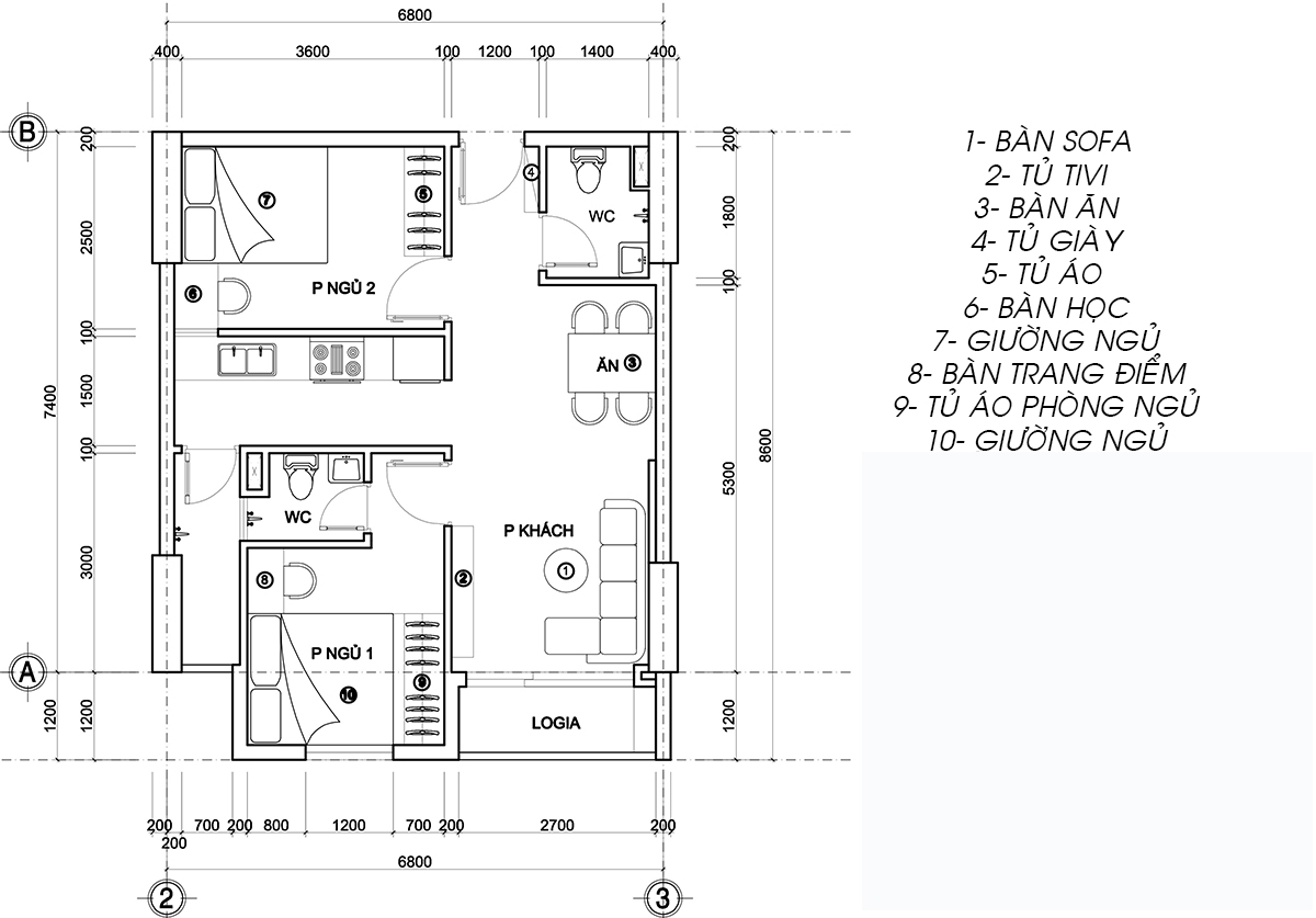 Bản vẽ thiết kế nội thất chung cư đẹp, hiện đại, 2 phòng ngủ 